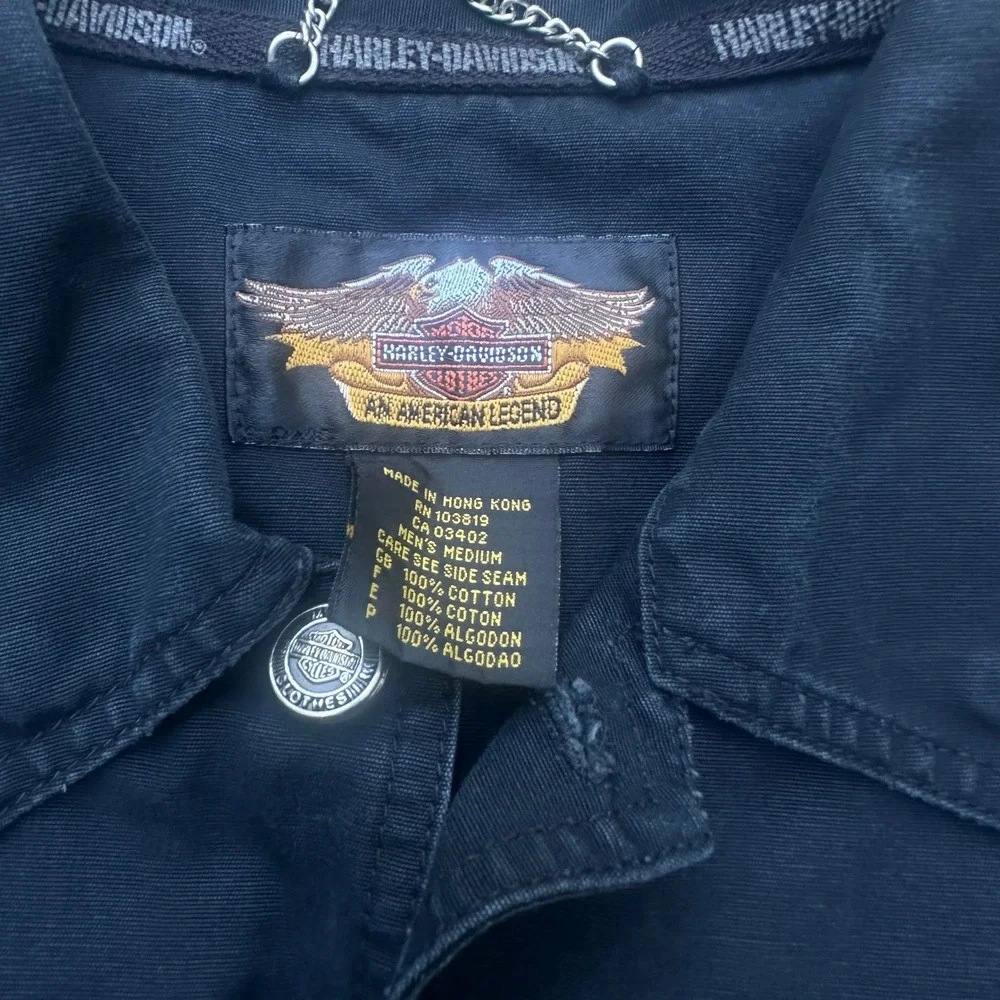 Vtg Harley-Davidson Mens Black Cotton Canvas Trucker Jacket Embroidered Logo M